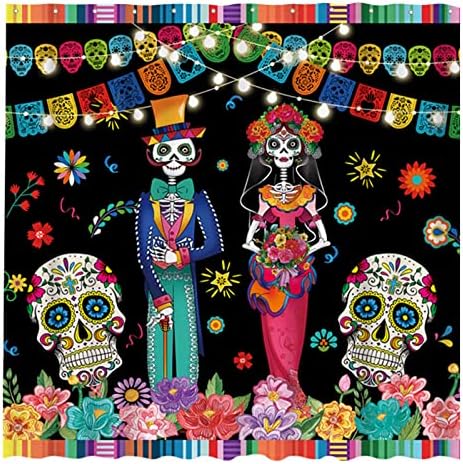 Allenjoy 72 x 72 Ölü Çift Duş banyo perdesi Seti Meksika Fiesta Dia De Los Muertos Ev Banyo Küvet Dekorasyon Dayanıklı