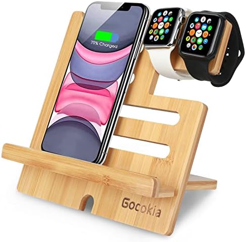 Gocokıa Bambu Tablet Standı Ayarlanabilir, Ayrılabilir Telefon Tutucu iPhone iPad için iWatch ve Tüm Telefonlar İzle