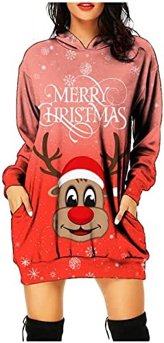 Ruziyoog Merry Christmas Kapüşonlu Sweatshirt Elbise kadın Rahat Uzun Kollu Hoodies Elbiseler Sevimli Ren Geyiği Baskı