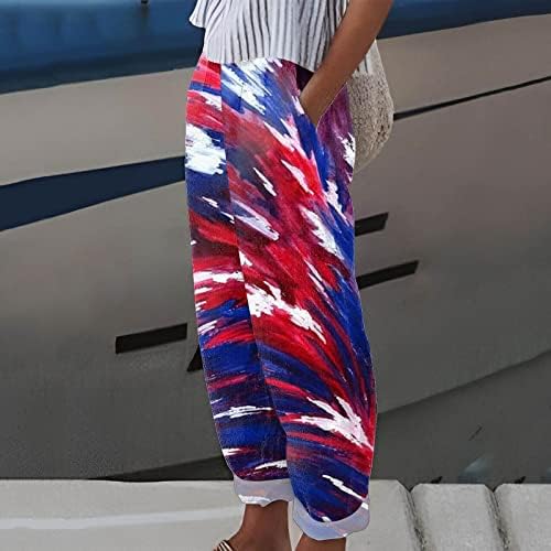 Keten Palazzo Pantolon Kadınlar için Amerikan Bayrağı Plaj Harem Kapriler Pantolon Elastik Bel Gevşek Rahat 4th Temmuz