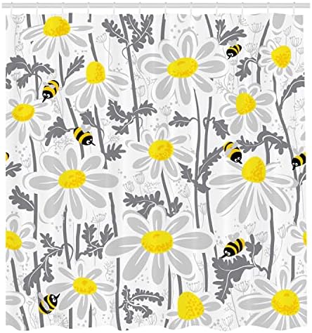 Ambesonne Gri Duş Perdesi, Papatya Çiçekleri İlkbaharda Arılar Bal Yaprakları Çiçek Açan Doğa Saflığı, Kancalı Bez