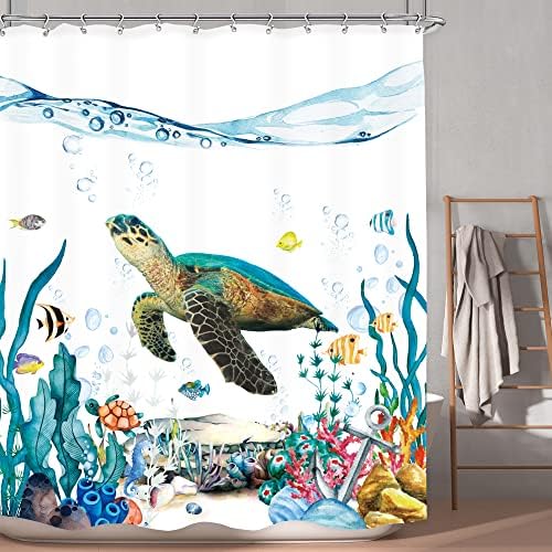 LGhtyro Komik Kaplumbağa Duş Perdesi Banyo Set 60 W x 71 H İnç Teal Mavi Deniz Okyanus Sualtı Hayvan Karikatür Çapa