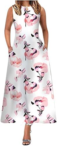 Bayan çiçekli elbiseler Yaz Kolsuz Plaj Casual Sundress Slim Fit Ekip Boyun Cep Salıncak Maxi Tank Elbise