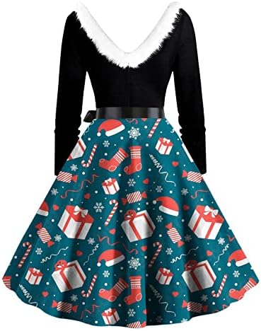 Kadınlar için Vintage Noel Elbiseleri 2022, Kürklü V Boyun Uzun Kollu Rockabilly Kokteyl Parti Elbise Noel askı elbise