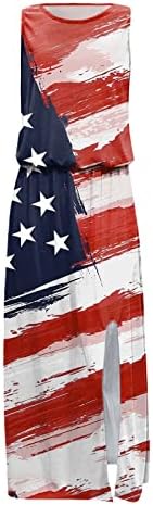 4th Temmuz Elbiseler Kadınlar için Rahat ABD Bayrağı Şerit Yıldız Uzun Maxi Elbise Yaz Yarık Crewneck Plaj Güneş Elbiseler