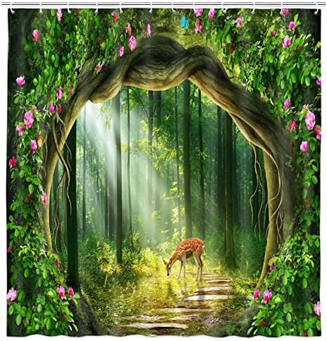 Fantezi Orman Duş Perdesi Setleri, Çiftlik Evi için Vahşi Hayvan Geyik Banyo Perdesi, Ağaçlar ve Pembe Çiçekler Bahar