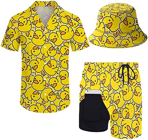 ZePinger erkek Sarı Ördek Gömlek ve Şort Setleri Düğme Aşağı Gömlek Şort 2 Parça Eşofman Kova Şapka ile