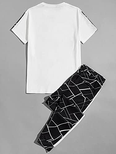 FİOXA İki Parçalı Kıyafetler Erkekler için Geo Mektup Grafik Üst ve Çizgili Yan Joggers Seti (Renk: Siyah / Beyaz,