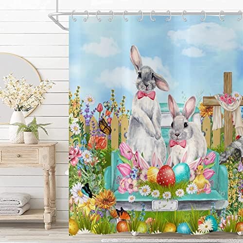 GCIREC Paskalya Duş Perdesi, Sevimli Tavşan Teal Kamyon Renkli Yumurta Çiçek Kelebekler Çiftlik Evi Banyo Perdesi