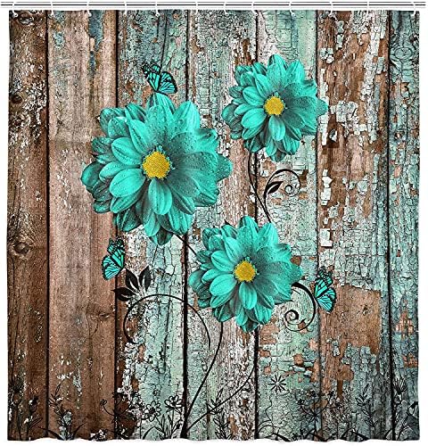 Rustik Teal Çiçek Duş Perdesi, Modern Çiftlik Evi Duş Perdesi Set Kumaş Turkuaz Mavi Çiçek Gri Ahşap Perdeler üzerinde,