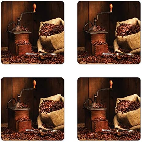 Ambesonne Kahve Altlığı 4'lü Set, Çuval Bezi Çuvalında Fasulyeli Vintage Tarzı Antika Öğütücü Ahşap Sırt, Kare Sunta