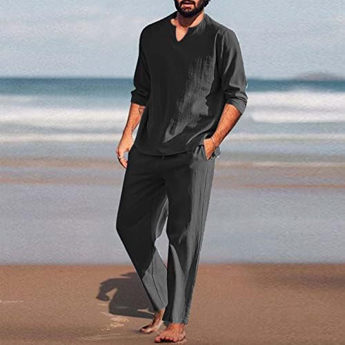 Erkek 2 Parça Kıyafetler Yaz Erkek Adet Pamuk Keten Seti Henley Gömlek Uzun Kollu ve Rahat Plaj Erkekler Mekanik