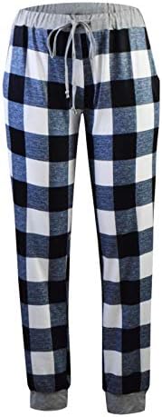 Pijama Pantolon Kadınlar için Yumuşak Orta Bel Mavi Ekose Pijama Dipleri Cepler İpli Palazzo Salonu Geniş Bacak Pantolon