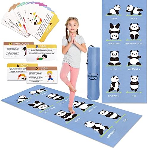 Garybank Çocuk Yoga Mat Seti-Eğlenceli Baskılara Sahip Kaymaz Egzersiz Paspasları - Çocuklar için 12 Yoga Kartı-Taşıma