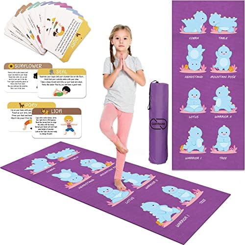 Garybank Çocuk Yoga Mat Seti-Eğlenceli Baskılara Sahip Kaymaz Egzersiz Paspasları - Çocuklar için 12 Yoga Kartı-Taşıma