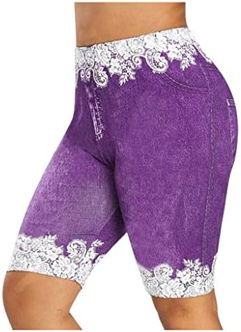GLVSZ Bayan Yüksek Bel Egzersiz Yırtık Jean Baskı Yoga Şort Atletik Orta Uzunlukta Karın Kontrol Koşu kısa pantolon
