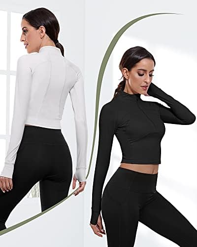 Yeni 2 Paket kadın Egzersiz Uzun Kollu Ceketler, 1/2 Zip Kazak Yoga Kırpma Üstleri Slim Fit koşu üst giyim Başparmak
