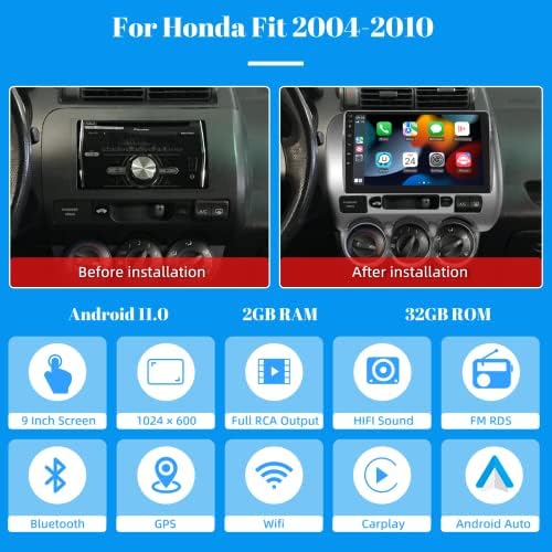 2G + 32G Araba Radyo Honda Fit 2004-2010 için, Kablosuz Apple CarPlay Android Oto, araba Stereo ile 9 Dokunmatik Ekran