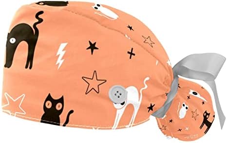 Cadılar bayramı Kedi Turuncu Çalışma Kapağı Düğme ve Ter Bandı, 2 Paket Cerrahi Cerrahi Şapkalar At Kuyruğu Tutucu,
