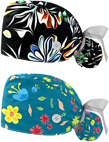 2 Paket Fırçalama Kap Kadın Düğmeleri ile, Ayarlanabilir Elastik Kravat Geri Kafatası Şapka, Çiçek Kabarık Cerrahi