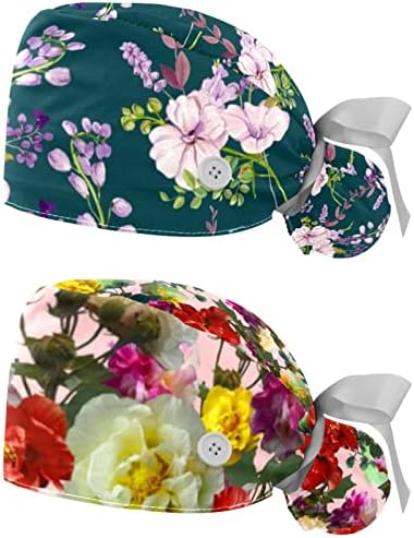 2 Paket Fırçalama Kap Kadın Düğmeleri ile, Ayarlanabilir Elastik Kravat Geri Kafatası Şapka, Çiçek Kabarık Cerrahi