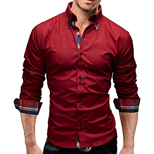 Erkek Uzun Kollu Şık Elbise Gömlek Patchwork Casual Düğme Aşağı Gömlek Slim Fit Düz Renk Gömlek Üst (Kırmızı, 3X-Large)