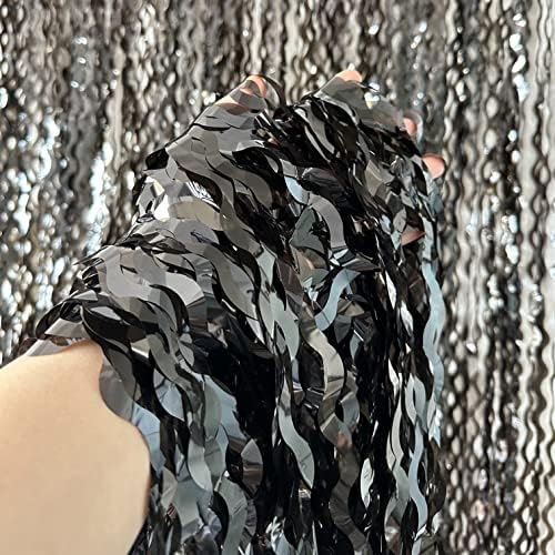 2 adet Işıltılı Dalgalı Siyah Zemin Metalik Tinsel Folyo Saçak Perdeleri fotoğraf kabini Sahne Flama Cadılar Bayramı