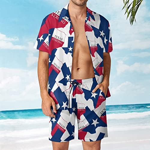 WEEDKEYCAT Texas Güçlü erkek Plaj Kıyafetleri 2 Parça Hawaiian Düğme Aşağı Gömlek Kısa Kollu ve Şort Gövde Setleri