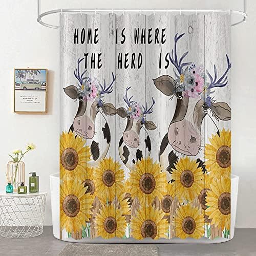 GKLEASG Çiftlik Evi İnek Duş Perdesi - Sarı Ayçiçeği Ahşap Tahta Banyo perdesi Ev Küvet Dekor için 12 Kanca ile Su