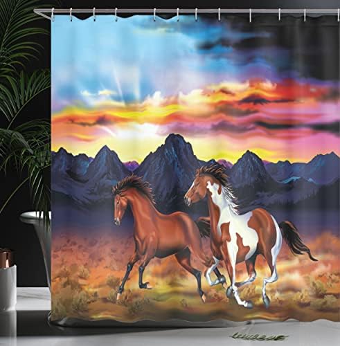Ambesonne Batı Duş Perdesi, Günbatımında Vahşi Atlar Rustik Manzara Renkli Gökyüzü İllüstrasyon, bez Kumaş Banyo Dekor