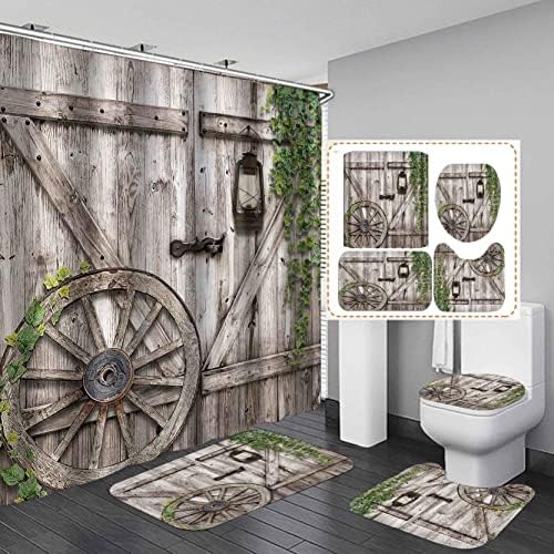 Camille & Andrew 4 ADET Beyaz Ahır Kapı Duş Perdesi Seti, Yeşil Yapraklar Bitki Vagon Tekerlek Batı Garaj Kapısı Ülke